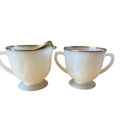 Fire King Kitchen Classic Vintage Milk Glass Fire King Gold Rimmed Sugar Bowl Creamer Fine